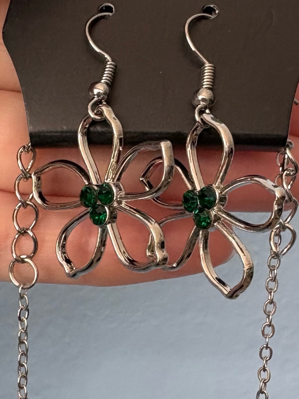 Y2K Paparazzi Silver Tone Green Crystal Flower Necklace & Earrings Open Petal